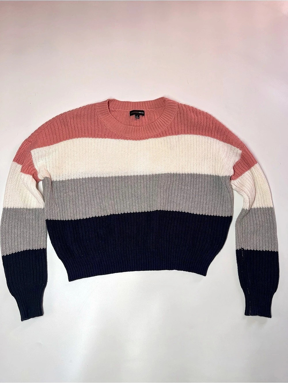 Ambiance Apparel Color Block Crewneck Sweater in Pink & White Size Small